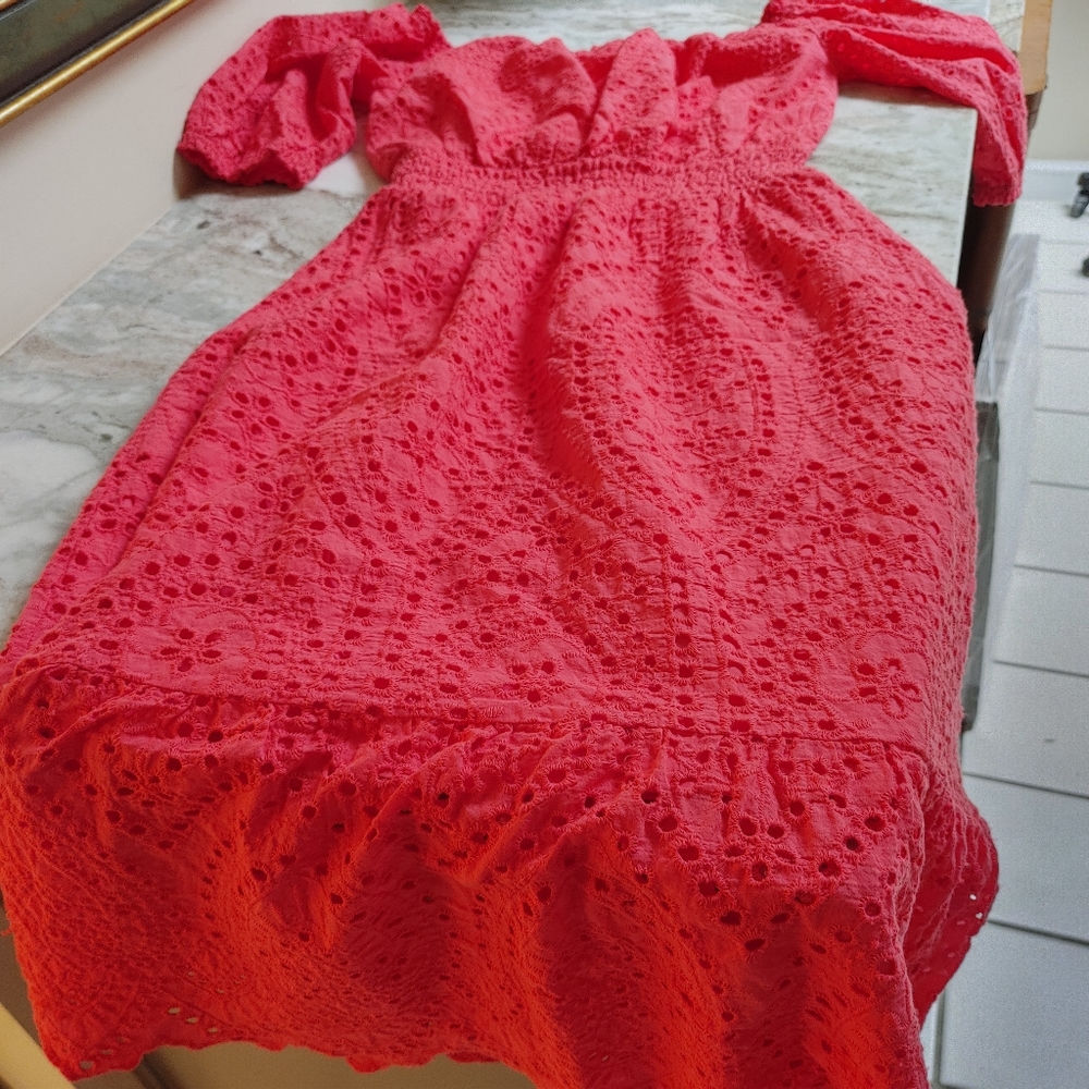 Betsey Johnson One Shoulder Eyelet Dress in Vibrant Pink . watermelon color.
